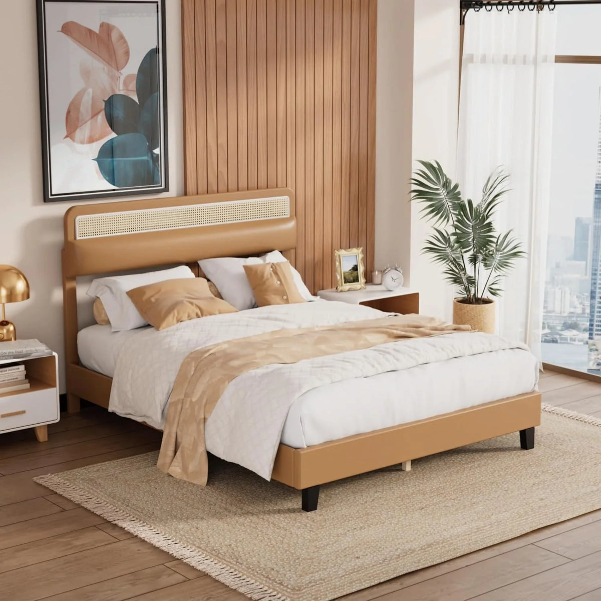 Full Size Upholstered Platform Bed Frame with Rattan Headboard O308
