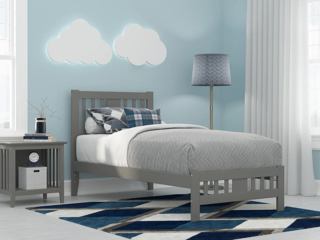 Grey Twin Wood Platform Bed with Slatted Headboard and Footboard J98992