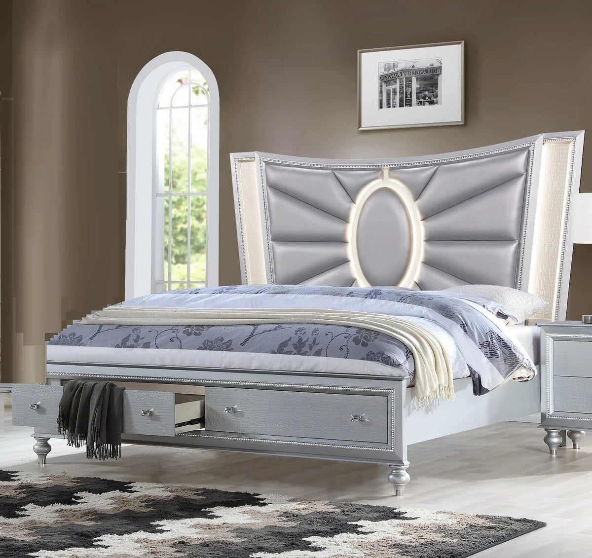 Silver Queen Size Storage Drawers LED Headboard Bed B764