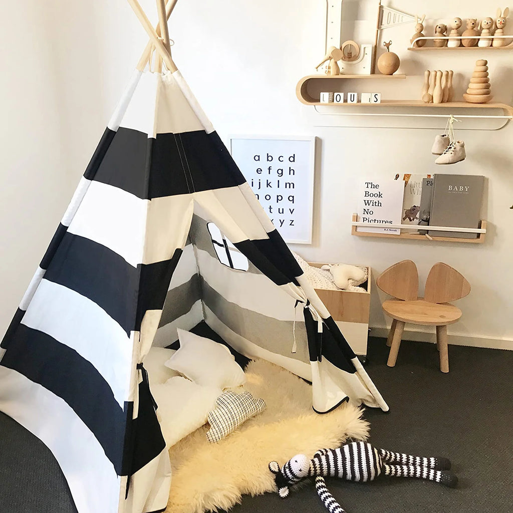 Black White Striped Kids Teepee Canvas Tent Playhouse C83086