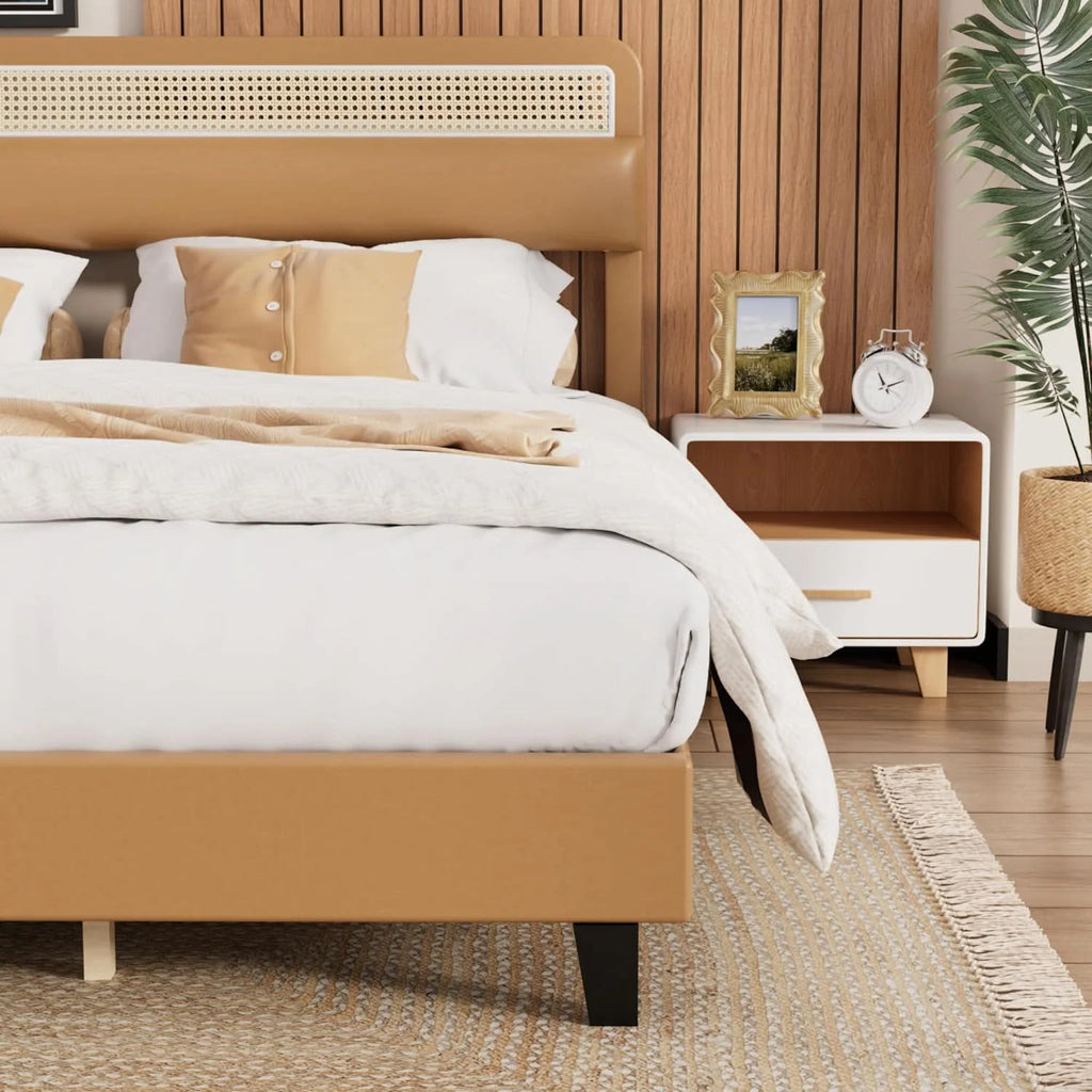 Full Size Upholstered Platform Bed Frame with Rattan Headboard O308