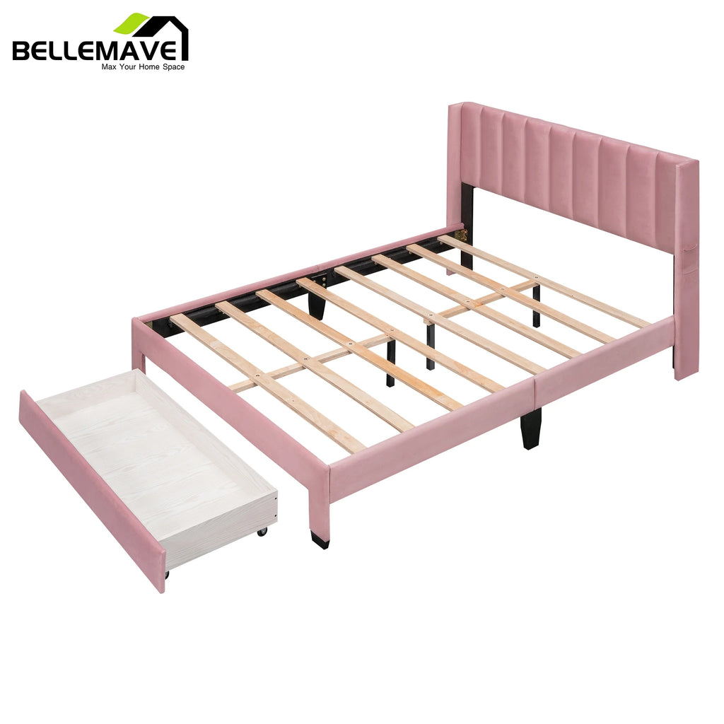 Queen Size Pink Velvet Upholstered Wood Platform Bed with Drawer Z911