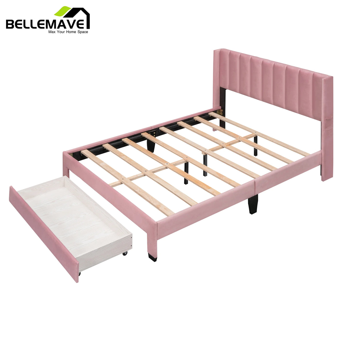 Queen Size Pink Velvet Upholstered Wood Platform Bed with Drawer Z911