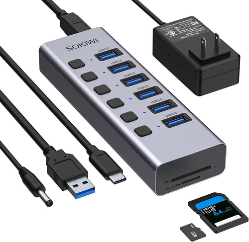 10 Port Aluminum USB Hub with Ethernet, 12V/5A AC Adapter, Pack of 2 O308926