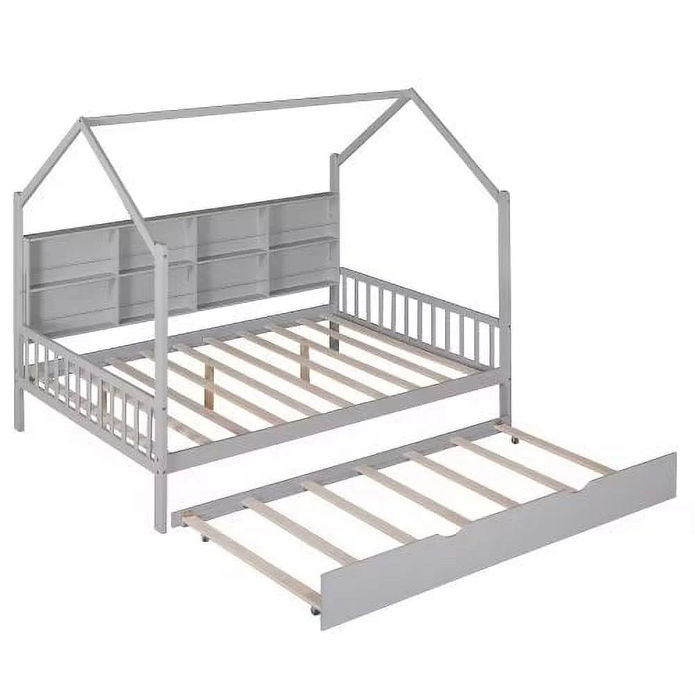 White Full Size Wood House Bed with Trundle and Shelves S670