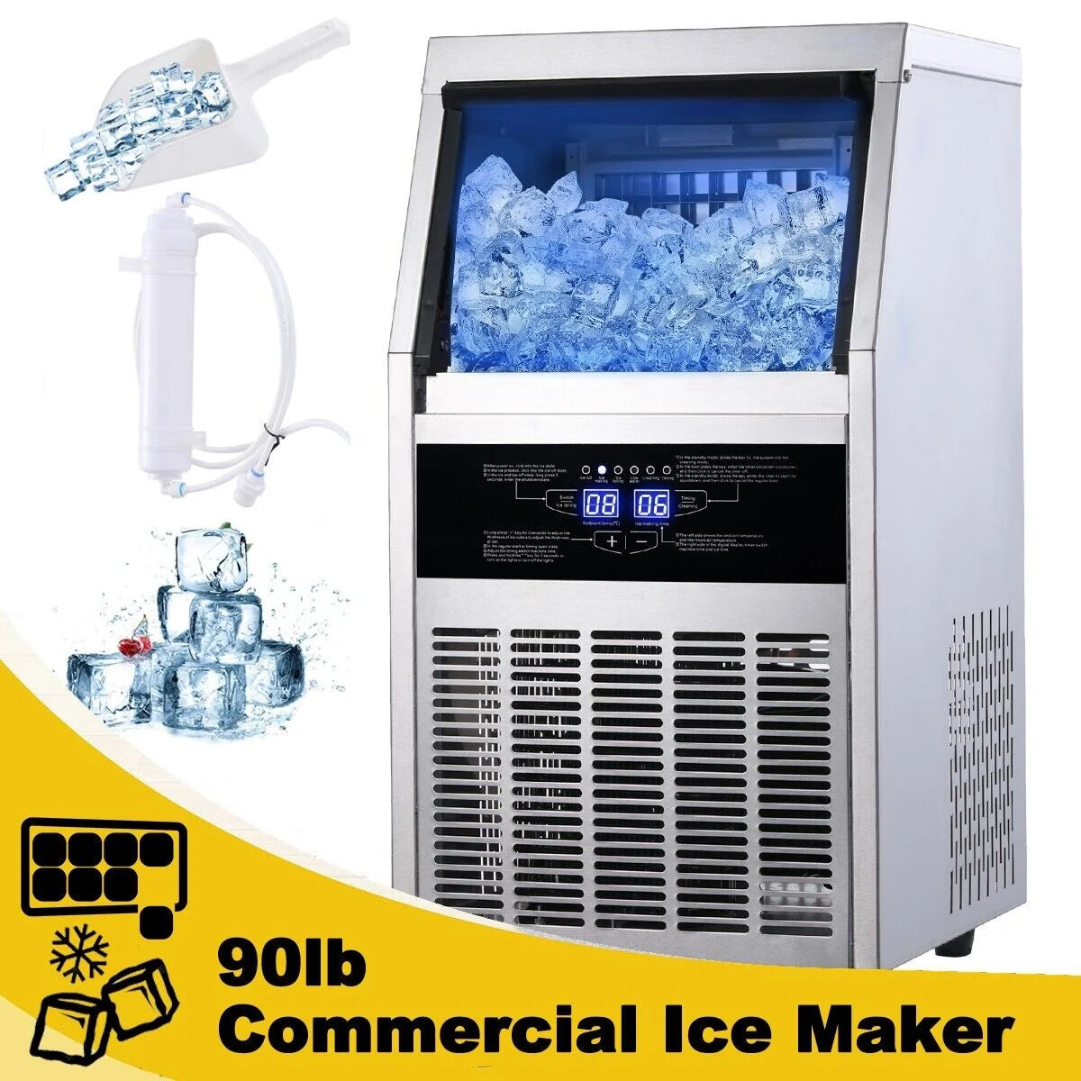Commercial Ice Maker 90lb Stainless Steel Built-in Cube Machine O16480