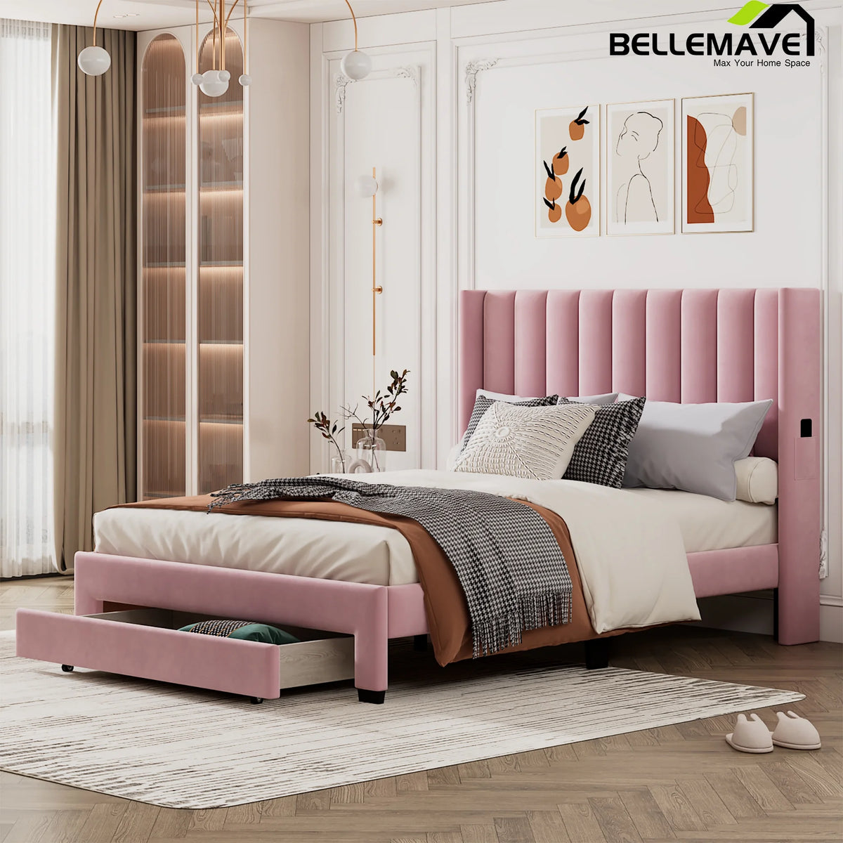 Queen Size Pink Velvet Upholstered Wood Platform Bed with Drawer Z911