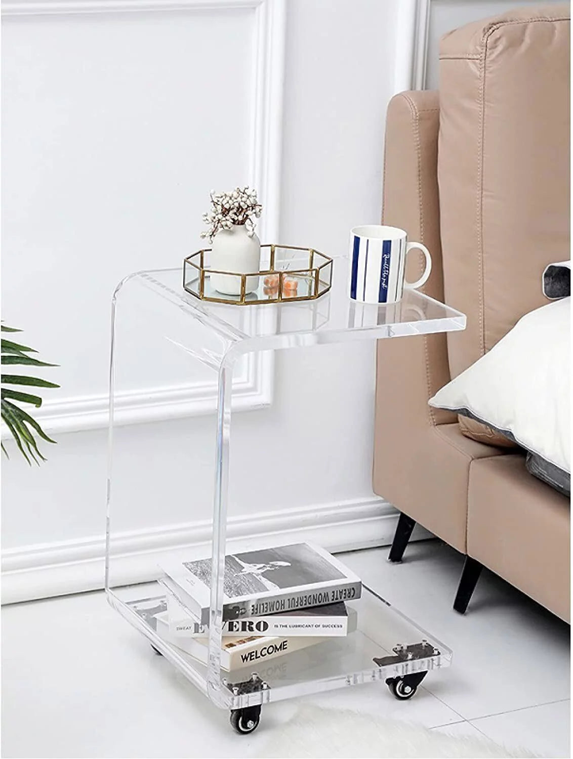 Clear Acrylic C-Shaped Bedside Table on Wheels Z289