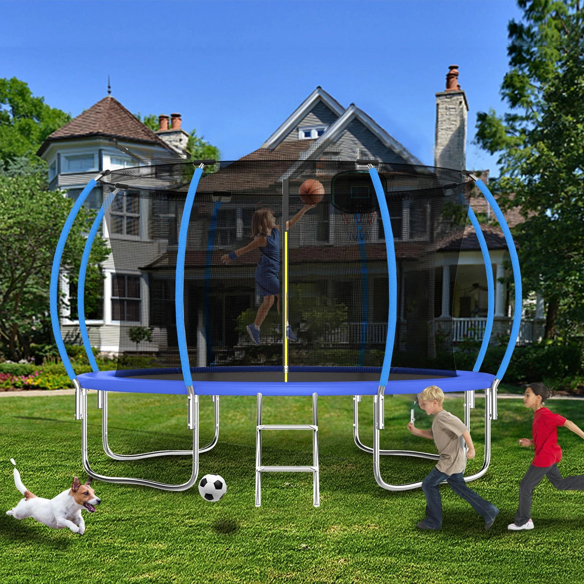 12FT Blue Outdoor Kids Trampoline with Basketball Hoop & Enclosure J1890
