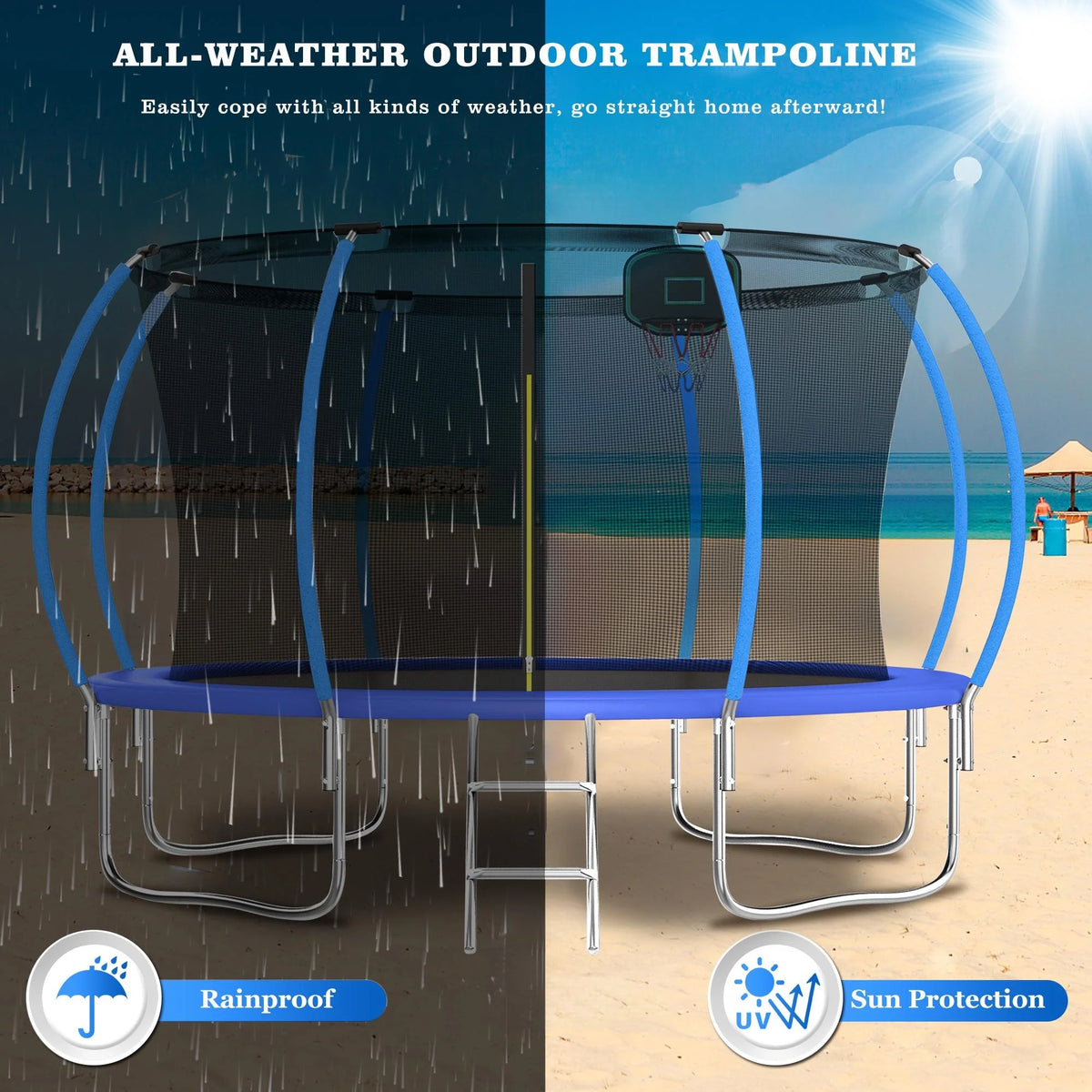 12FT Blue Outdoor Kids Trampoline with Basketball Hoop & Enclosure J1890