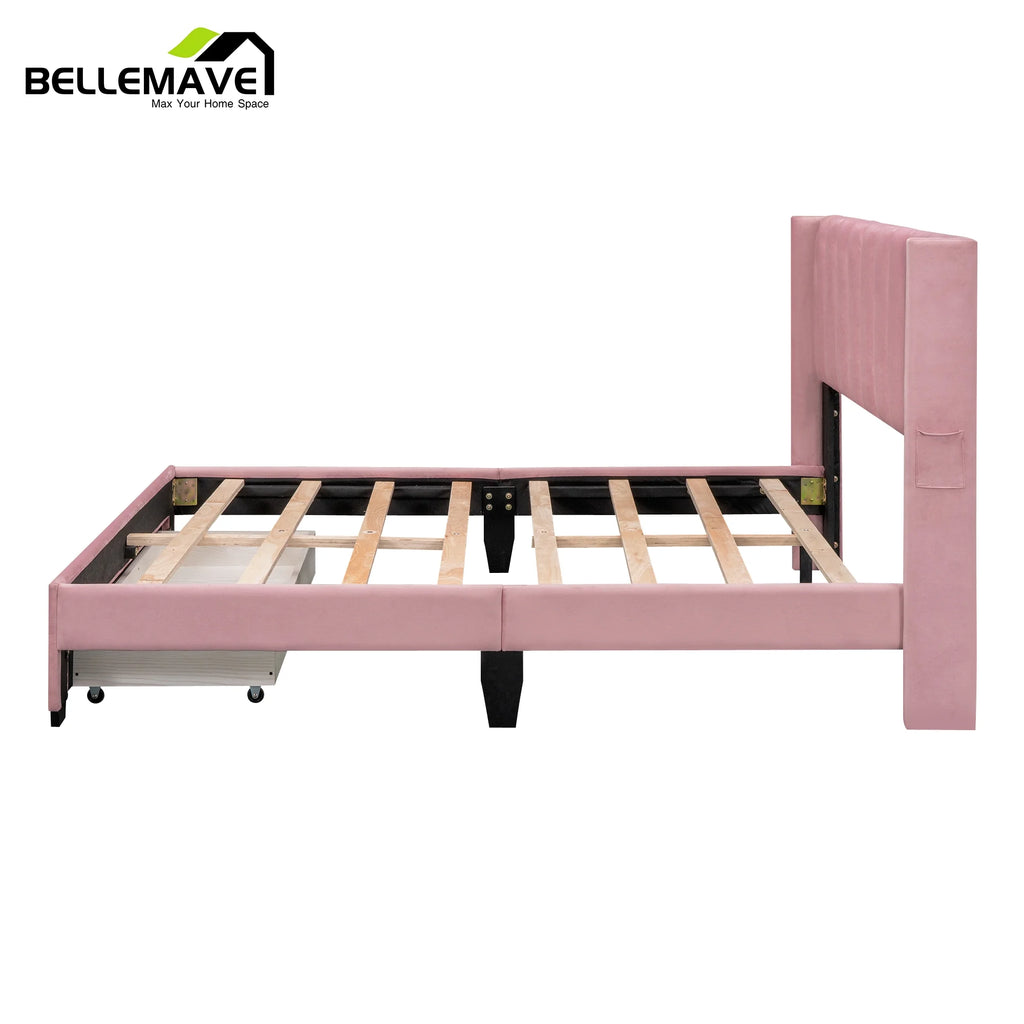 Queen Size Pink Velvet Upholstered Wood Platform Bed with Drawer Z911