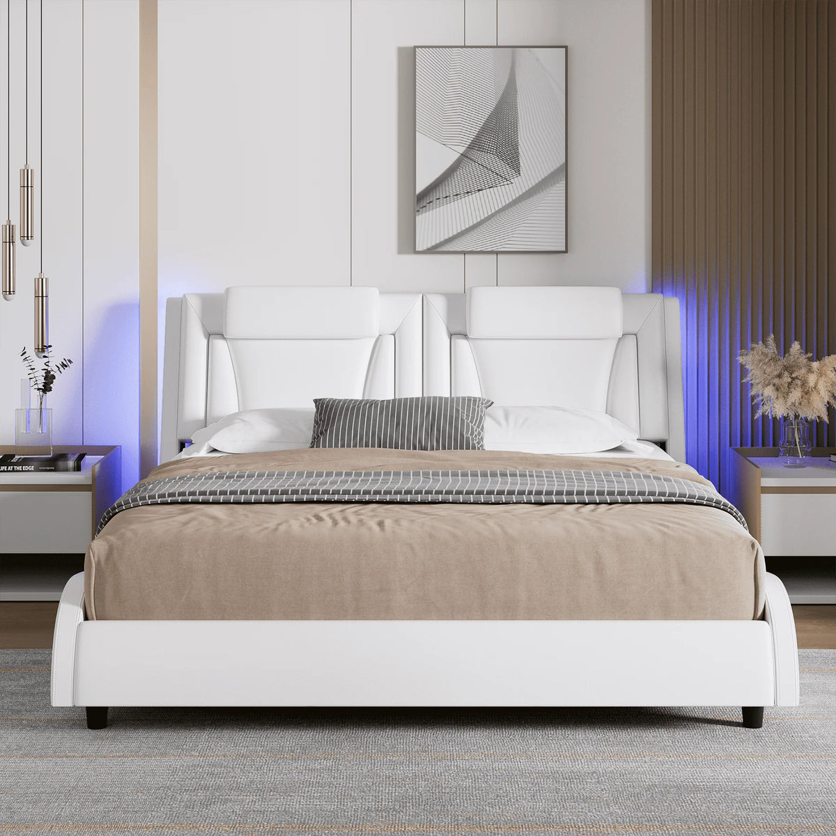 King Size White PU Leather Upholstered Platform Bed Frame H86163
