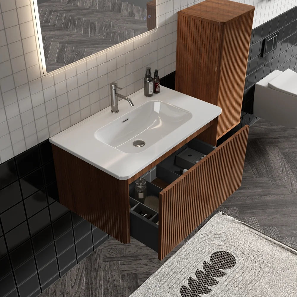 Striped Walnut Bathroom Floating Side Cabinet R389946