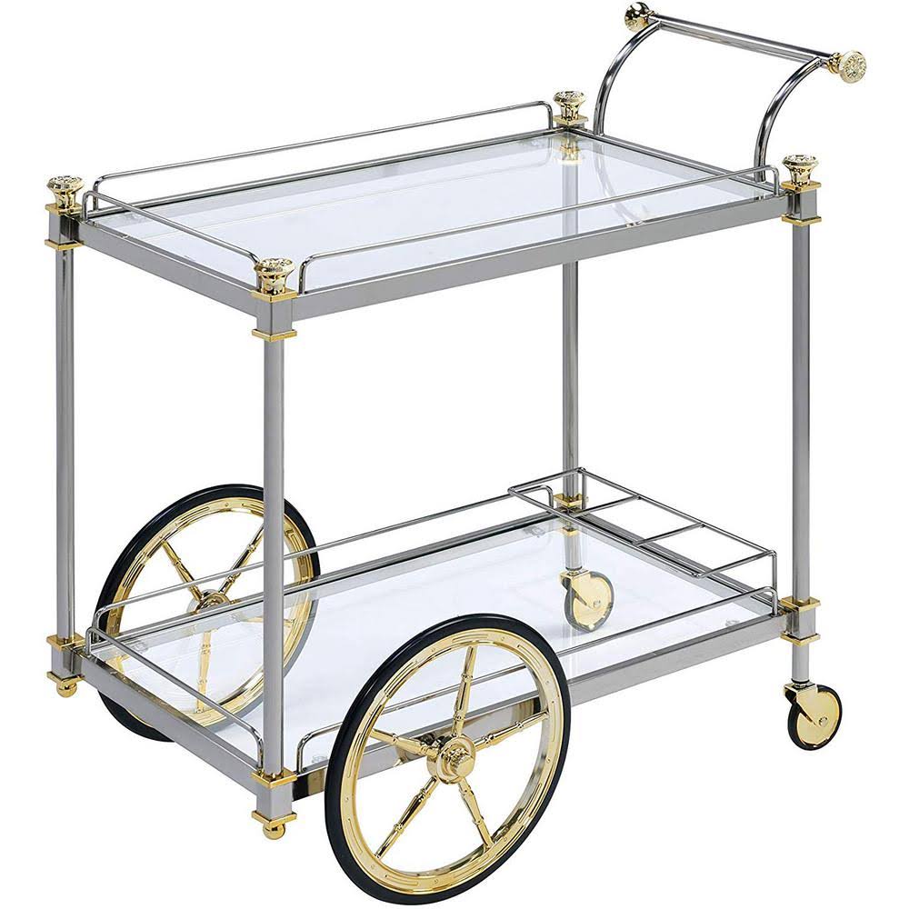 Silver and Gold Metal Framed Serving Cart with Glass Shelves U7360