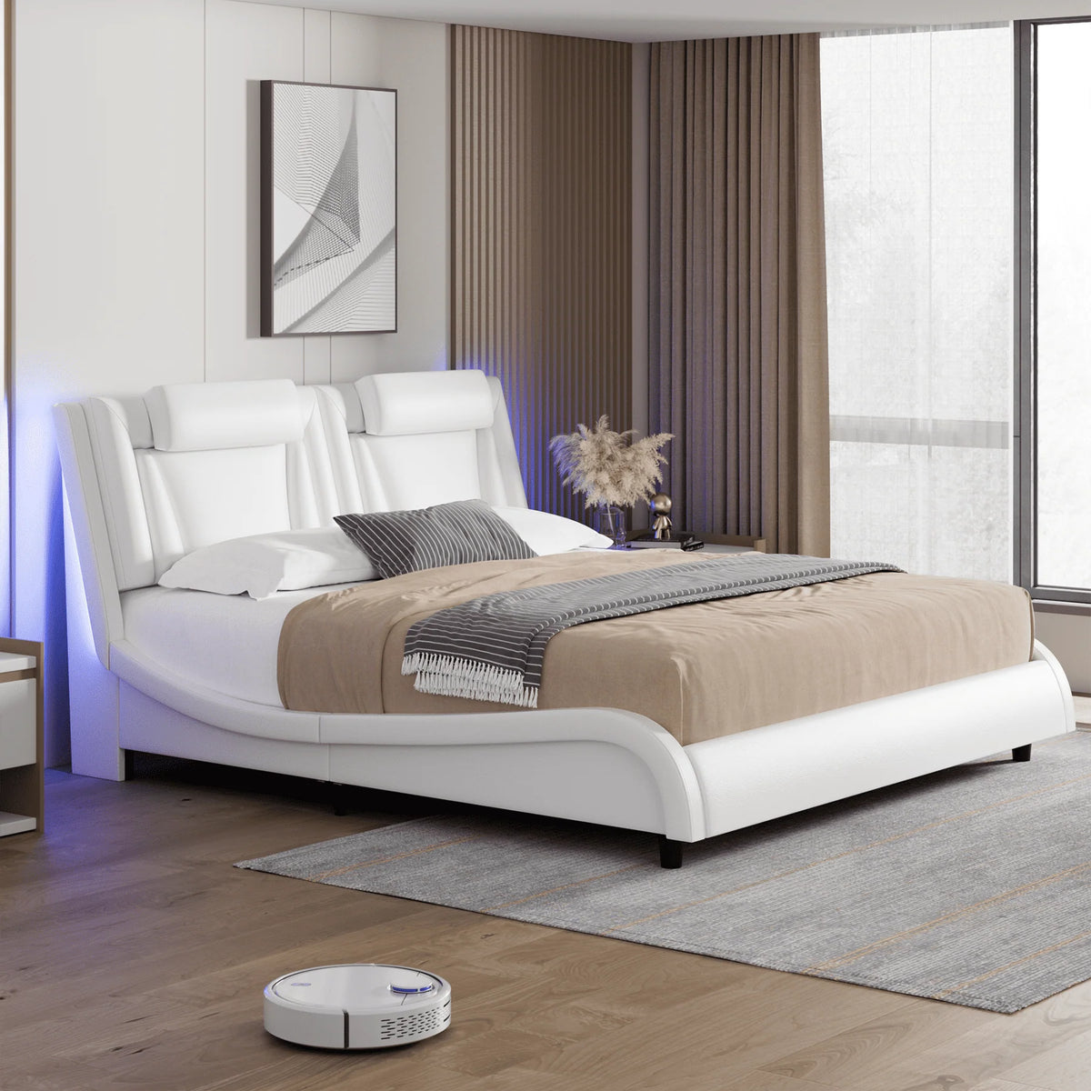King Size White PU Leather Upholstered Platform Bed Frame H86163