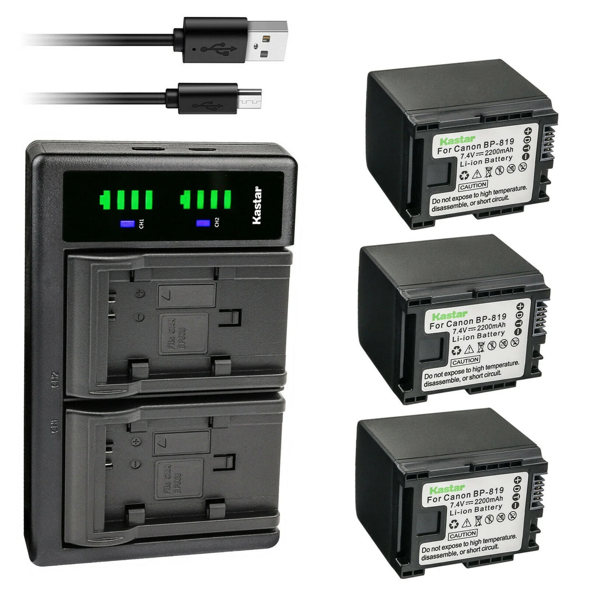 3-Pack Battery and USB Charger for Canon Flash Memory Camcorder X83955