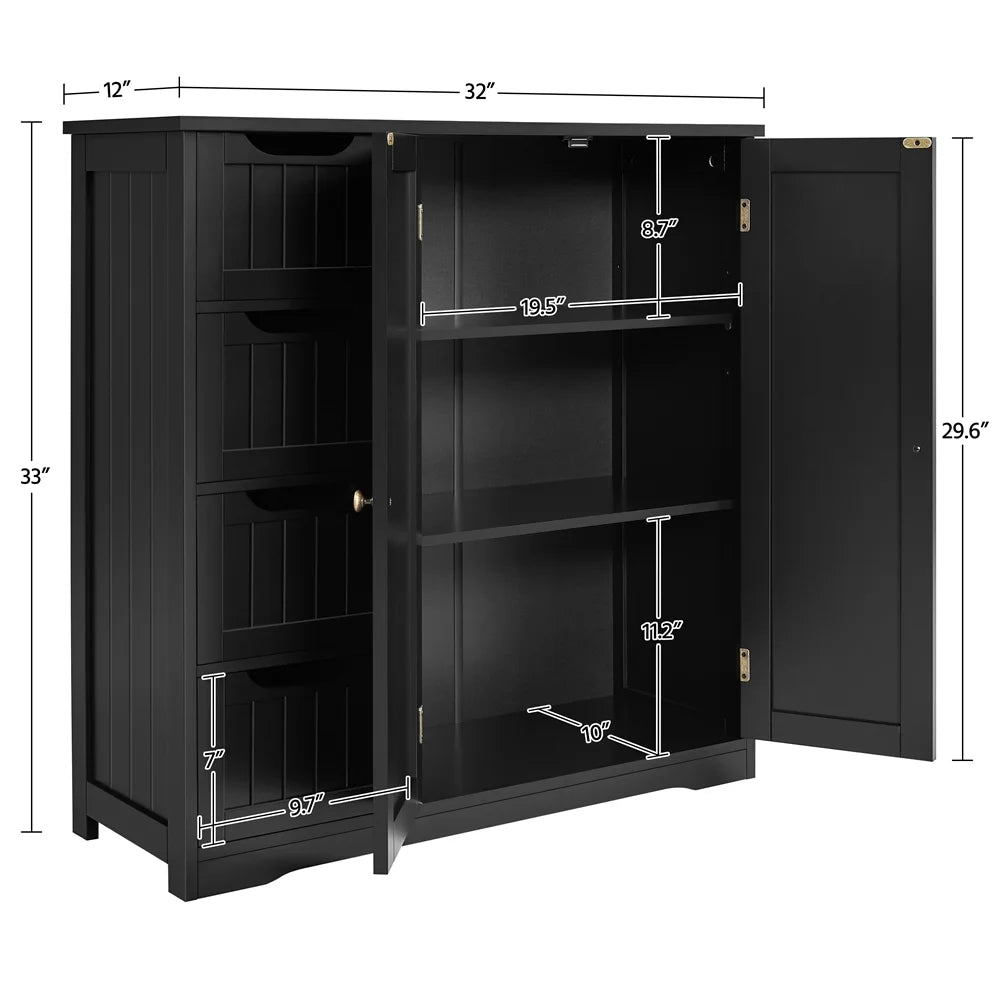 Black 4 Drawer Wooden Floor Storage Cabinet with Adjustable Shelf O485