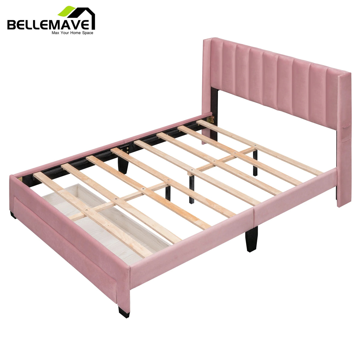 Queen Size Pink Velvet Upholstered Wood Platform Bed with Drawer Z911
