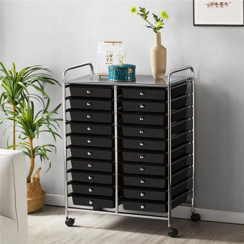 20 Drawers Metal Frame Storage Cart with Lockable Wheels, Black T72369