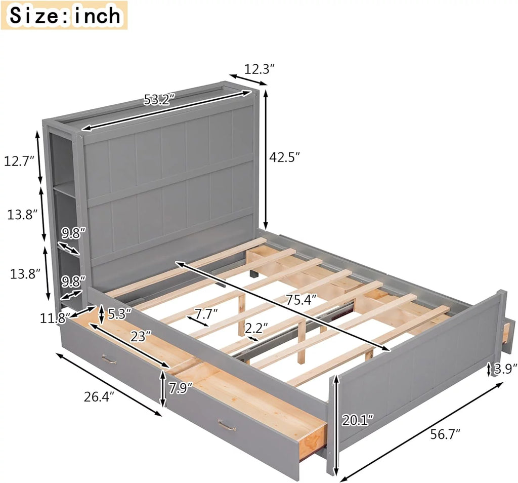 Full Size Wooden Platform Bed Frame with Bookcase Headboard and 4 Storage Drawers H828113