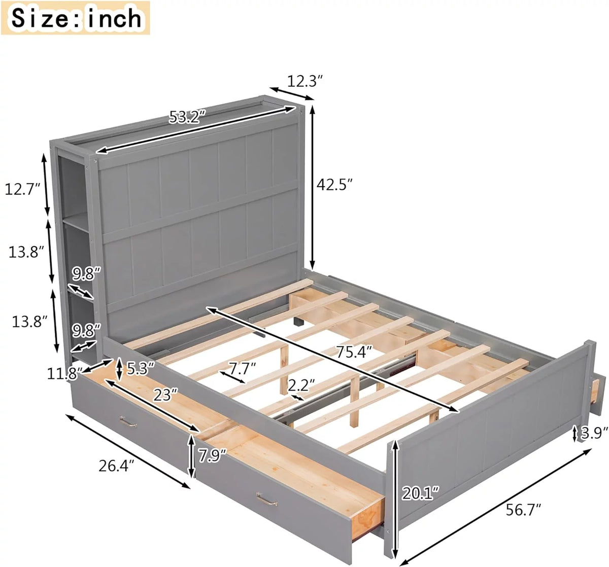 Full Size Wooden Platform Bed Frame with Bookcase Headboard and 4 Storage Drawers H828113