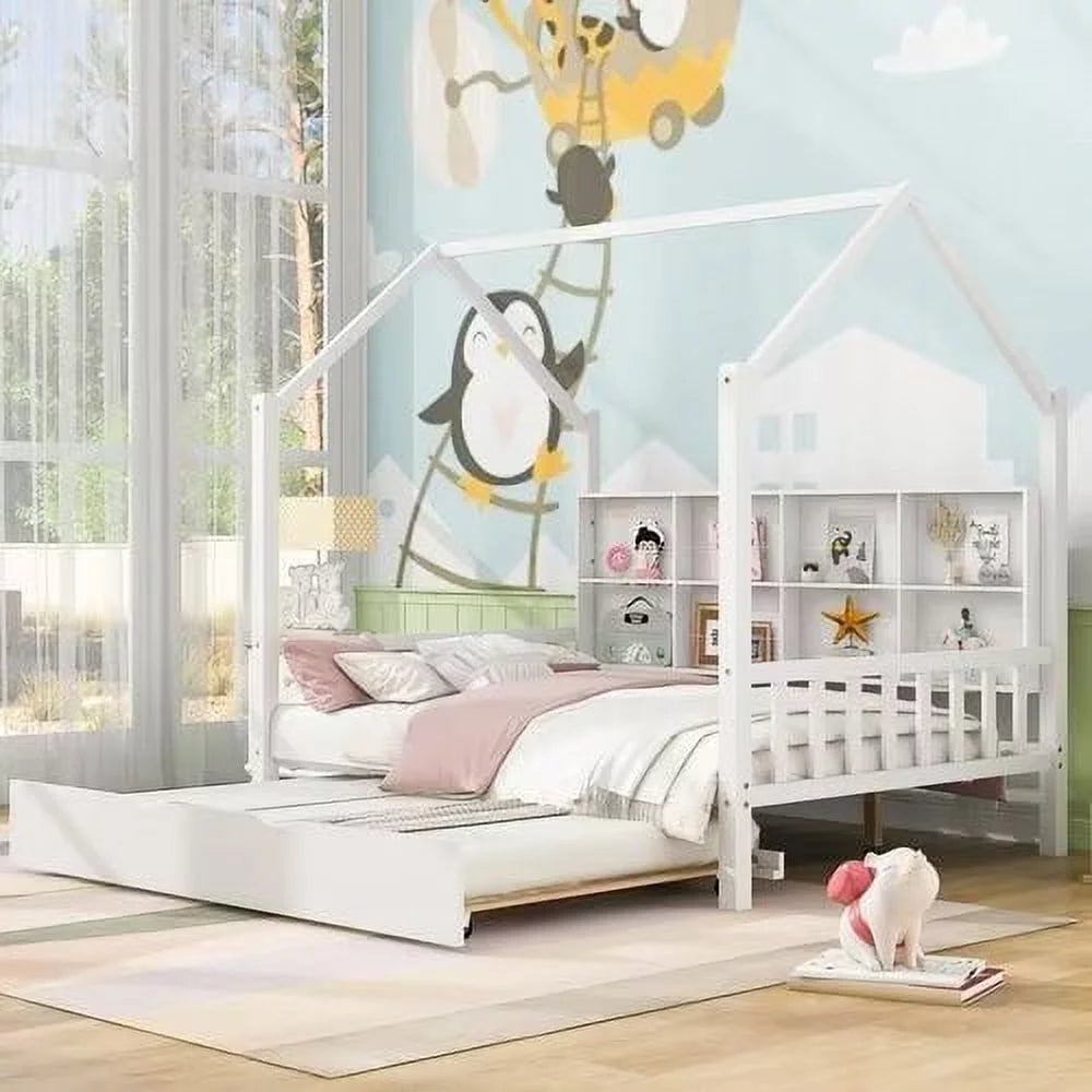 White Full Size Wood House Bed with Trundle and Shelves S670
