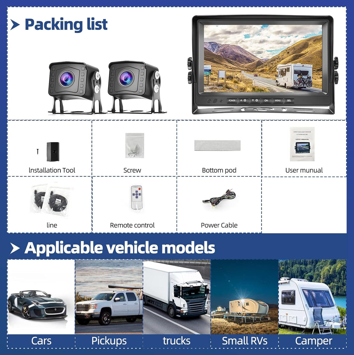 9 Inch HD 1080P Split Screen DVR Monitor Wired Rear View Camera O83076