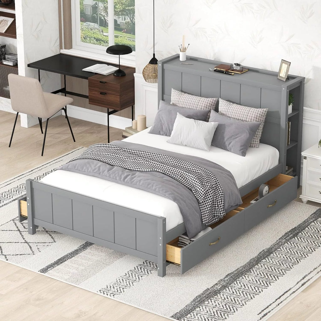 Full Size Wooden Platform Bed Frame with Bookcase Headboard and 4 Storage Drawers H828113