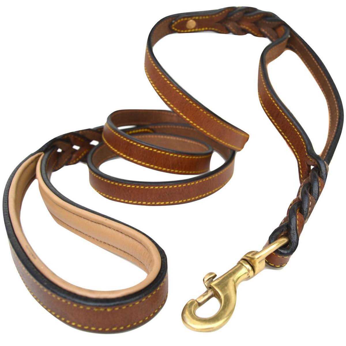 6 Foot Braided Leather Dog Leash with Traffic Handle Q4046