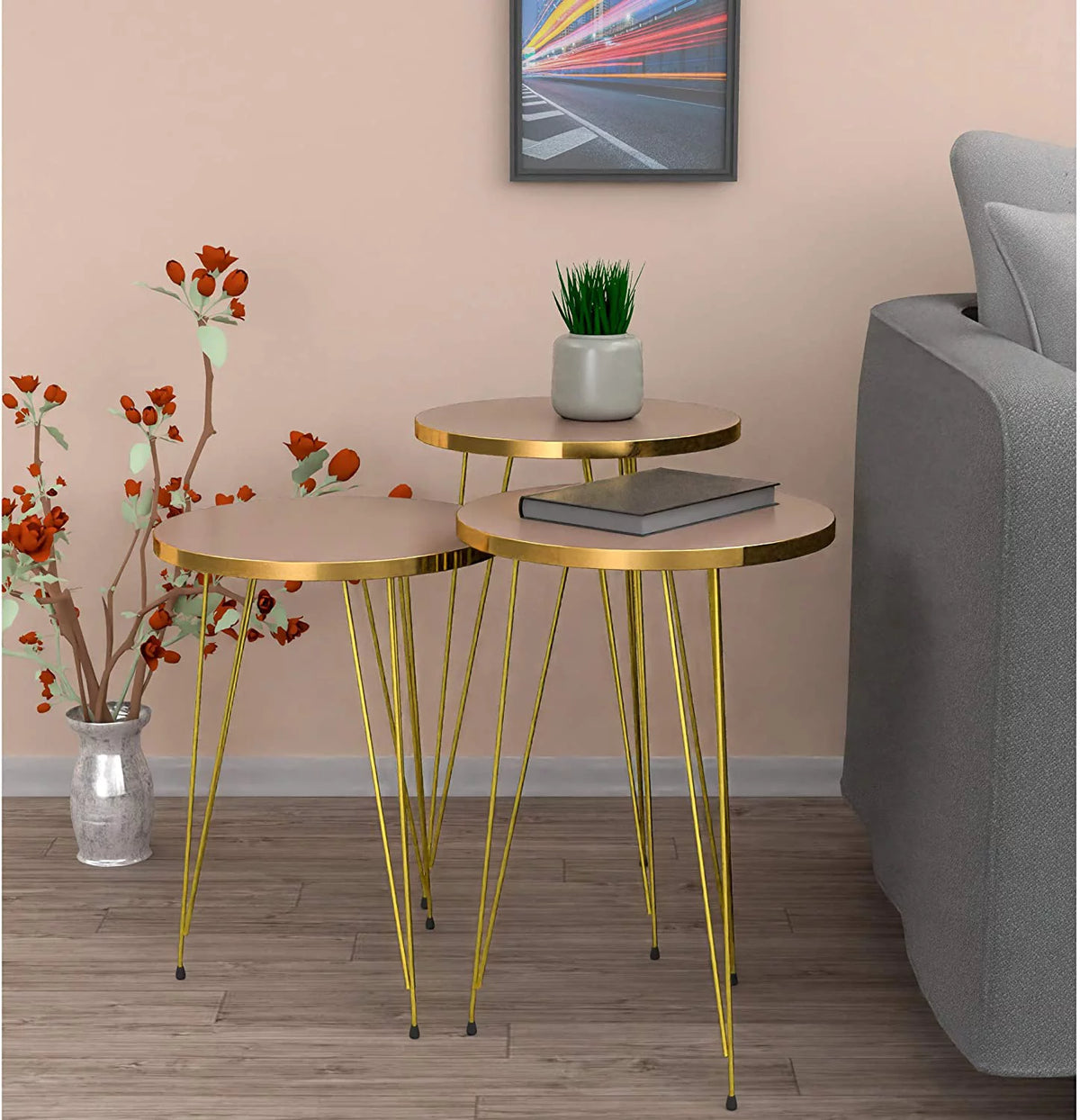 Set of 3 High Gloss Cappuccino Round Nesting Tables with Gold Legs T439
