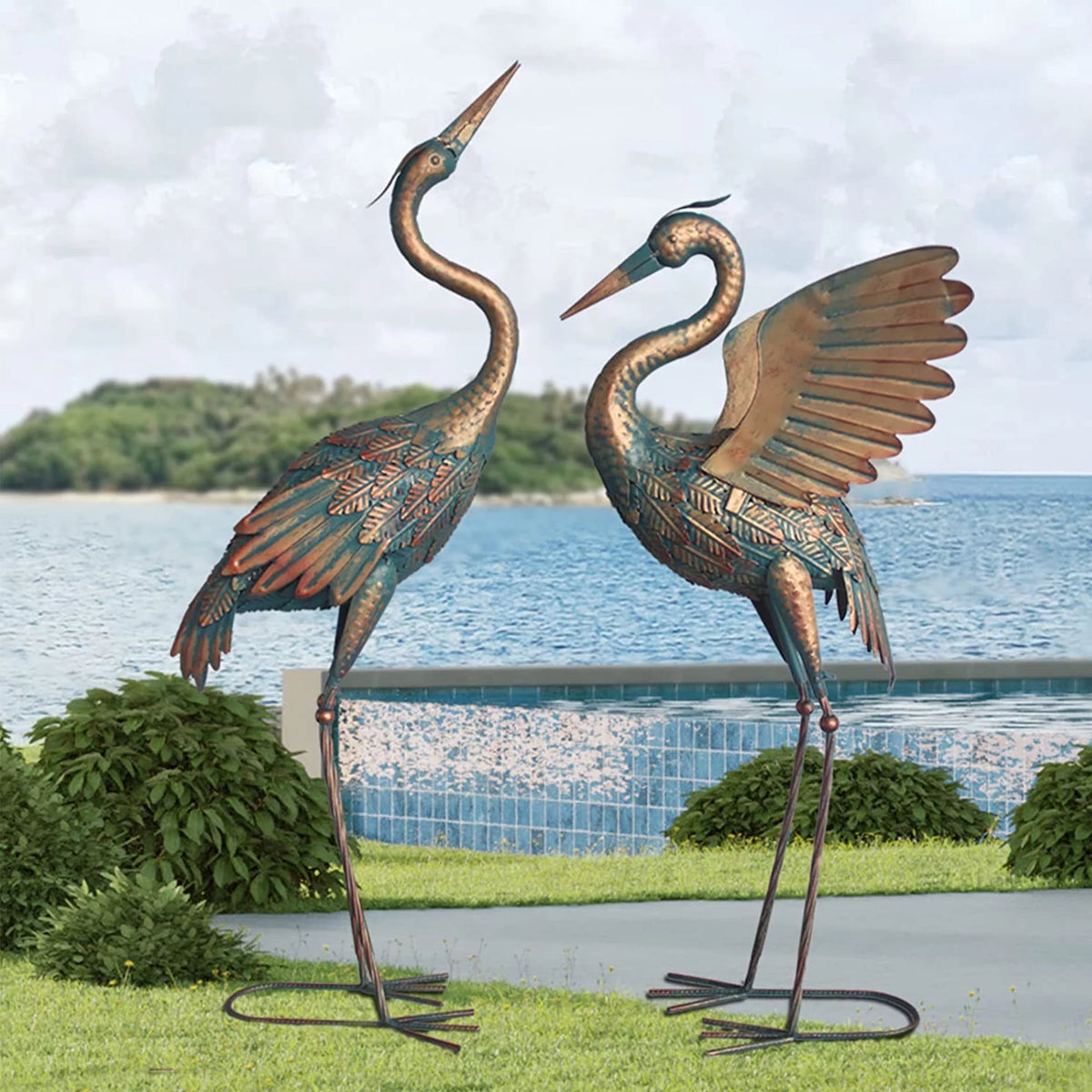 Metal Crane Garden Statues Set of 2 J1677