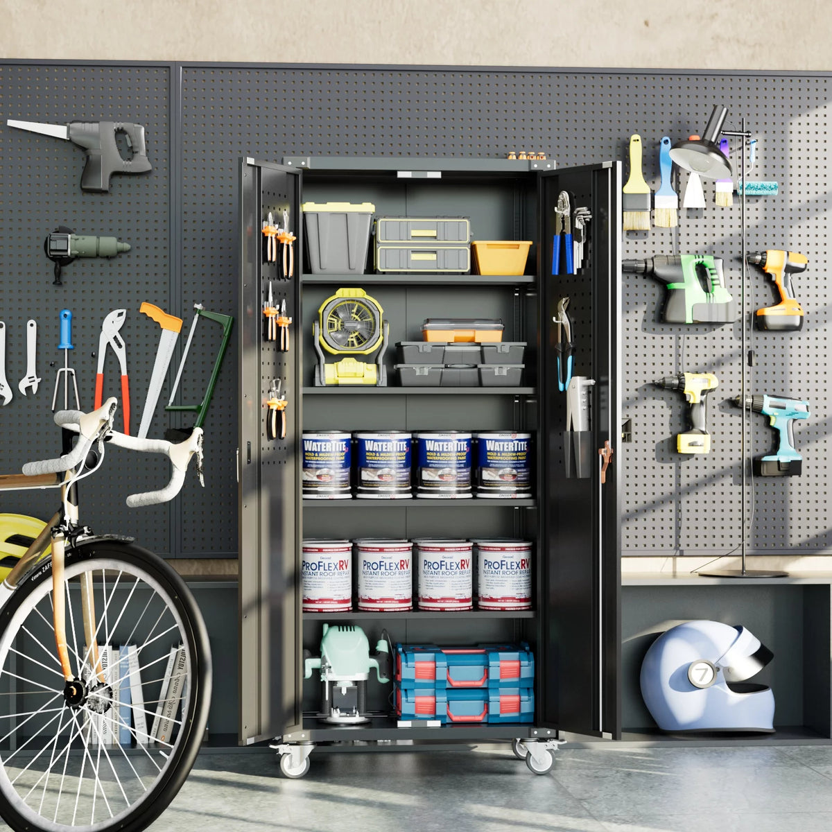 Black Metal Storage Cabinet with Wheels and Pegboard S833218