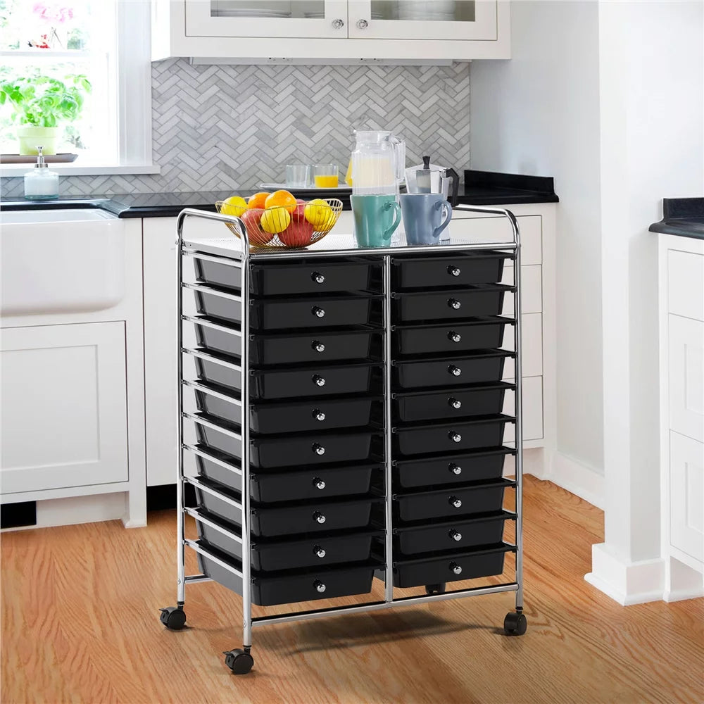 20 Drawers Metal Frame Storage Cart with Lockable Wheels, Black T72369