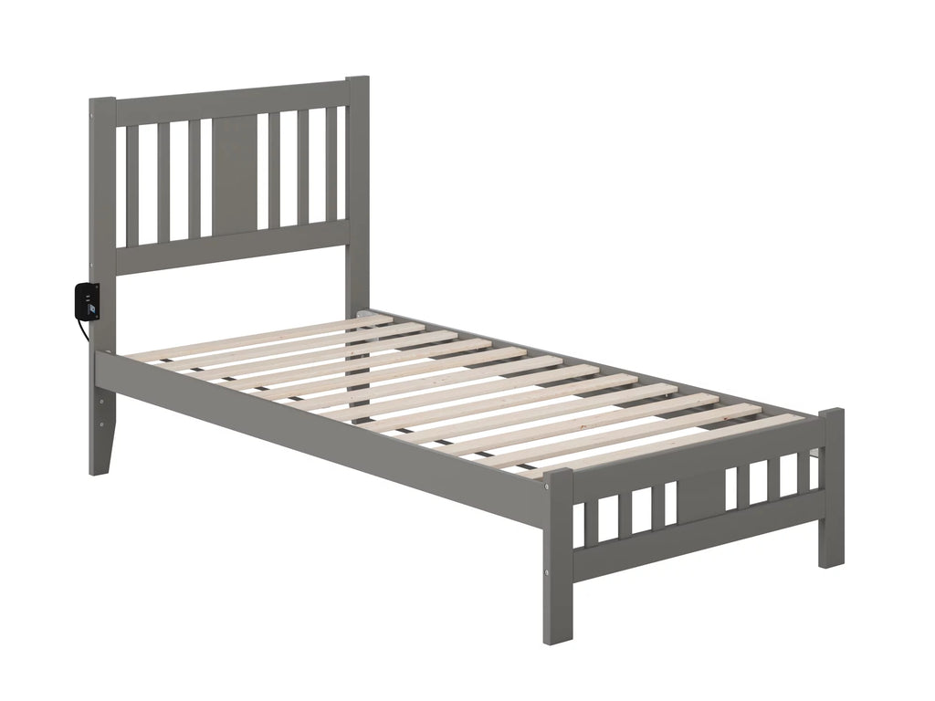 Grey Twin Wood Platform Bed with Slatted Headboard and Footboard J98992