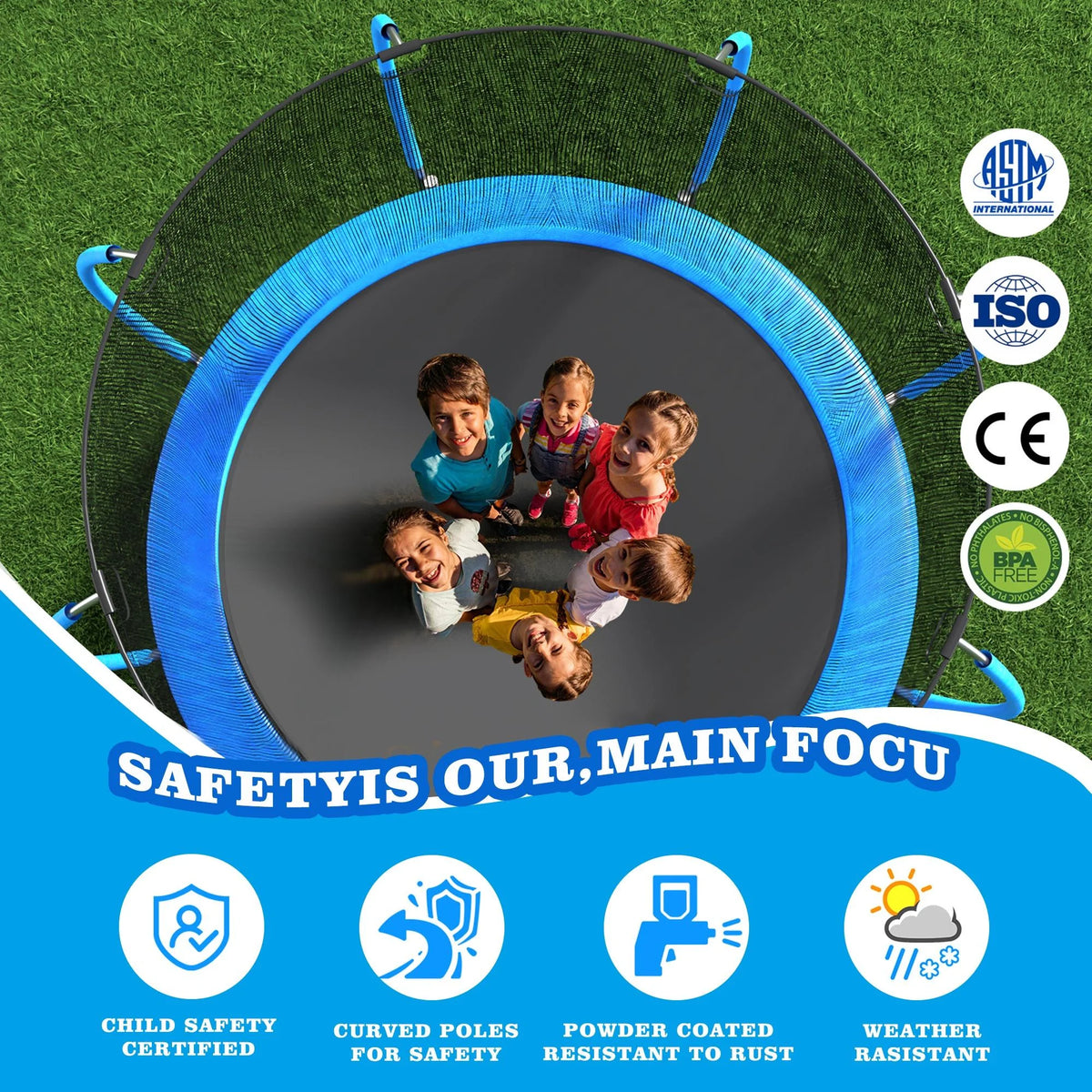 12FT Blue Outdoor Kids Trampoline with Basketball Hoop & Enclosure J1890