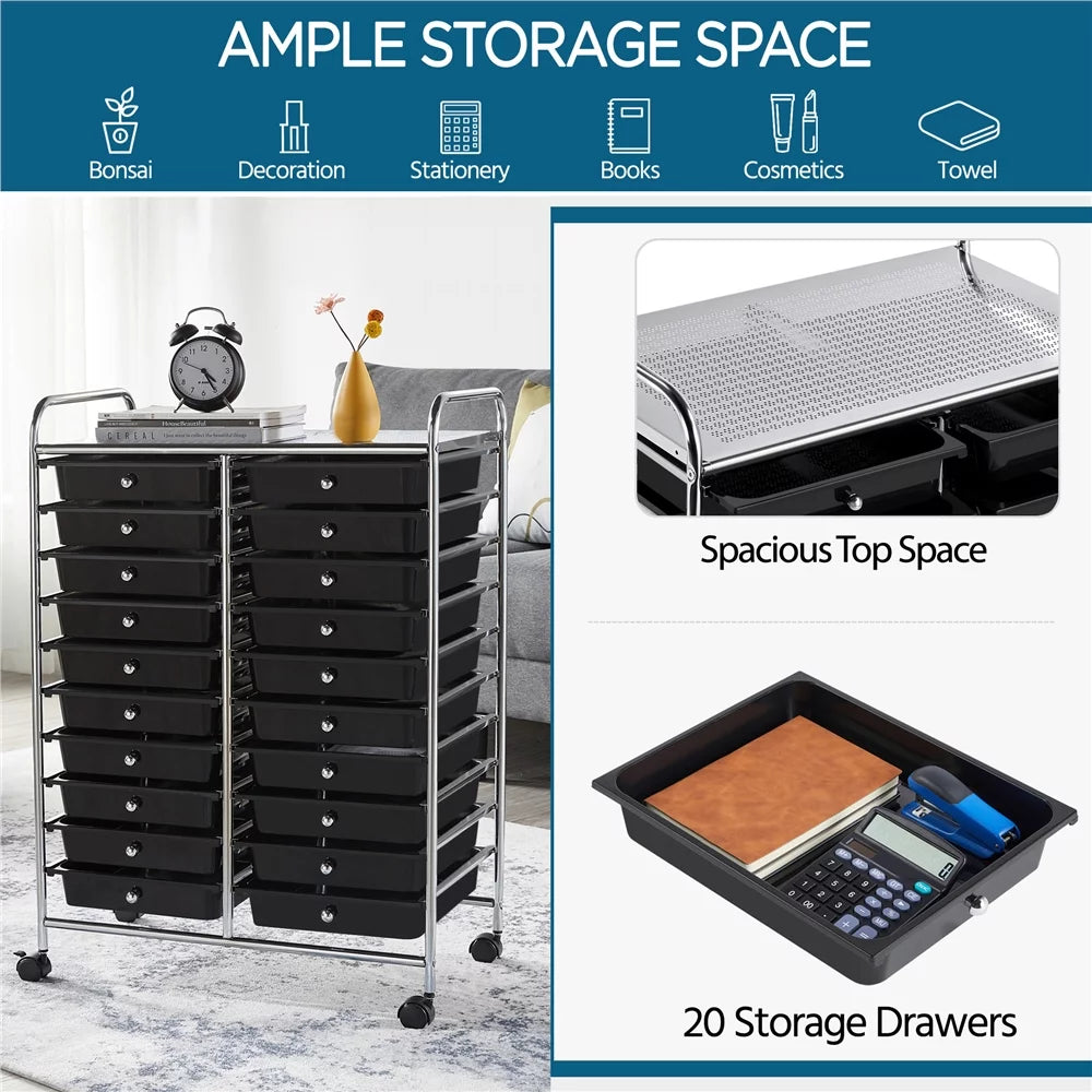 20 Drawers Metal Frame Storage Cart with Lockable Wheels, Black T72369
