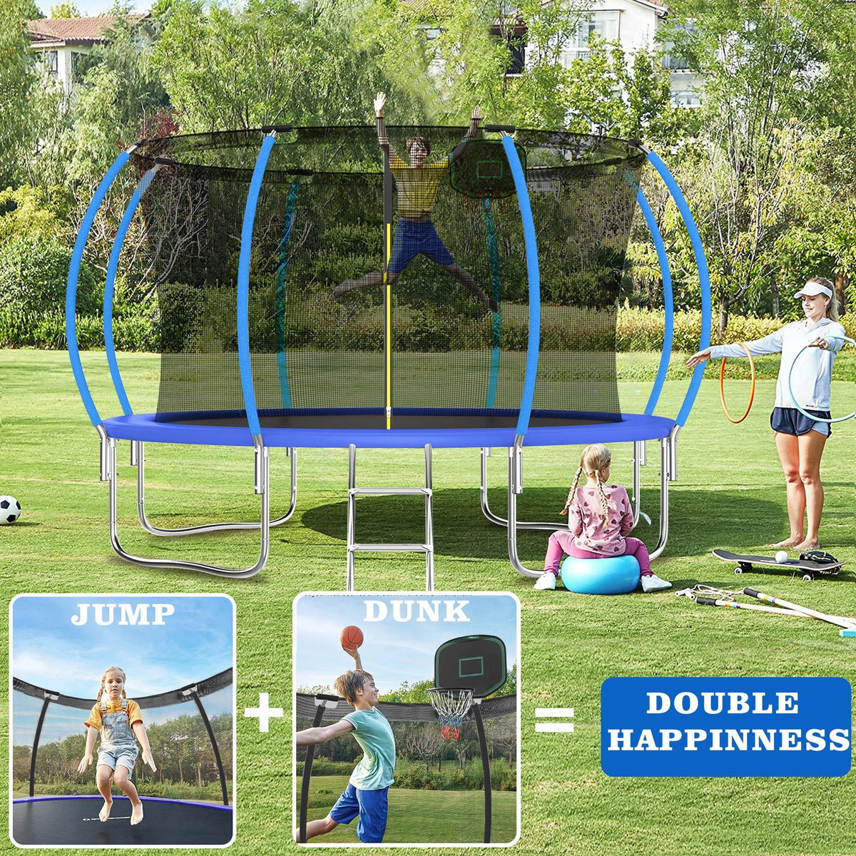 12FT Blue Outdoor Kids Trampoline with Basketball Hoop & Enclosure J1890