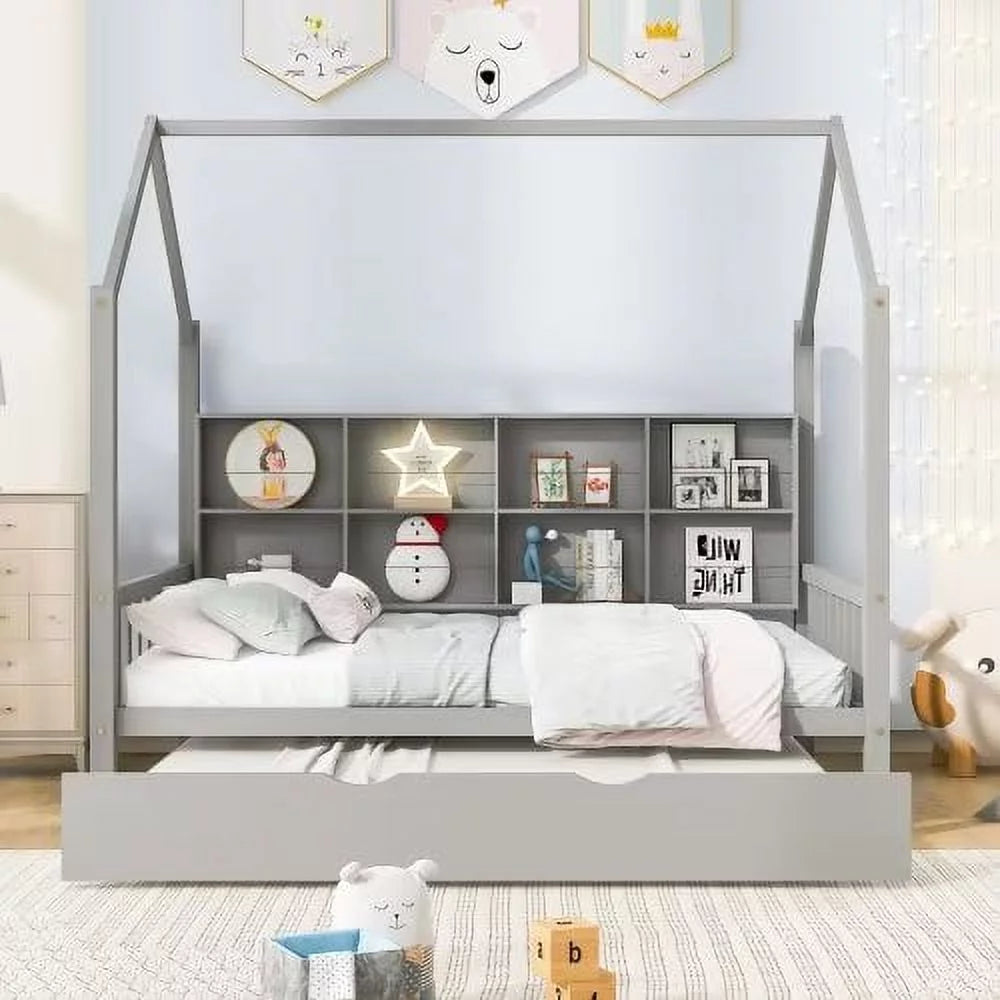 White Full Size Wood House Bed with Trundle and Shelves S670