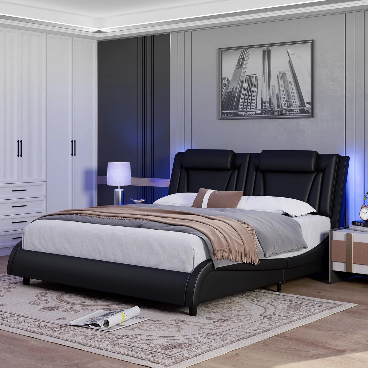 King Size White PU Leather Upholstered Platform Bed Frame H86163