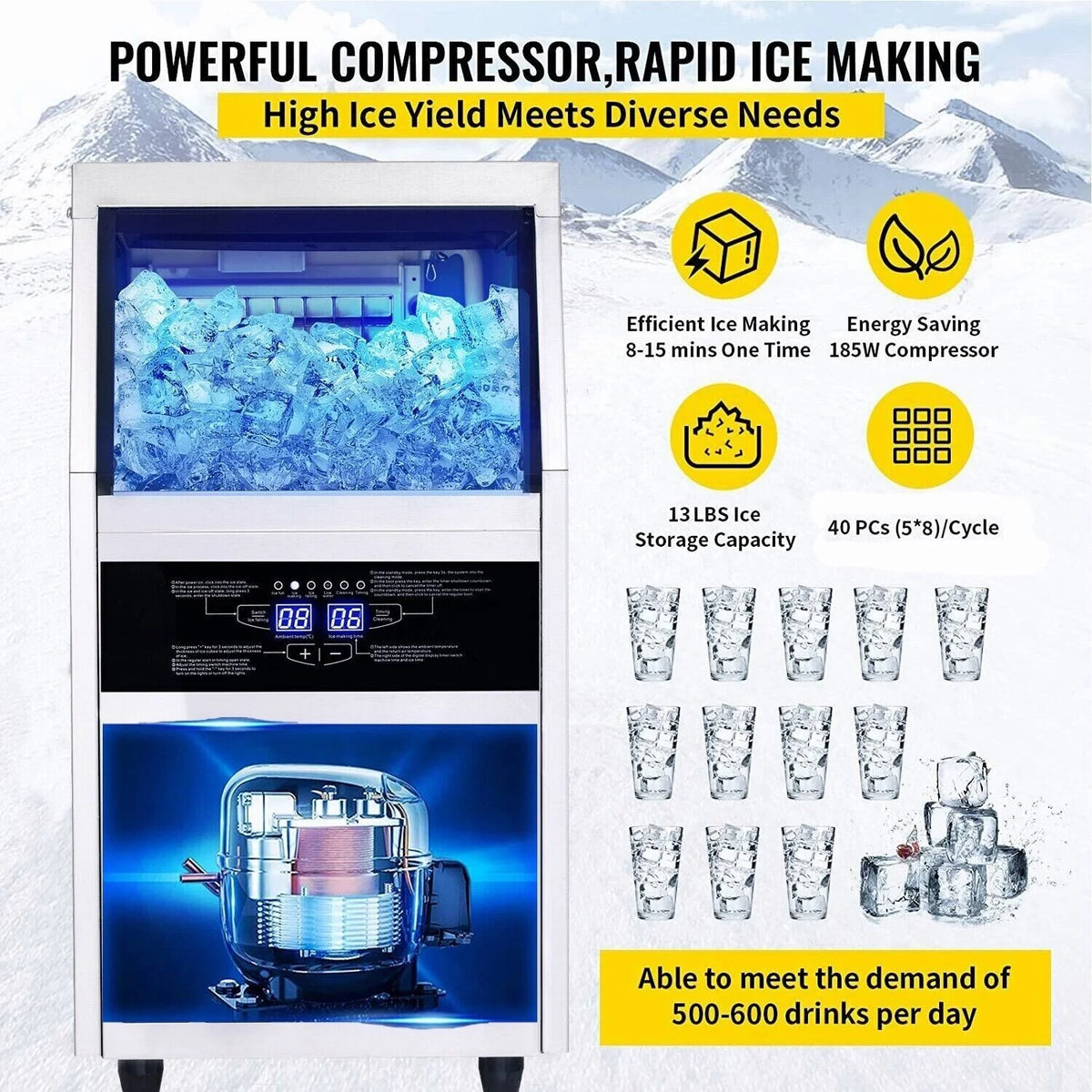 Commercial Ice Maker 90lb Stainless Steel Built-in Cube Machine O16480