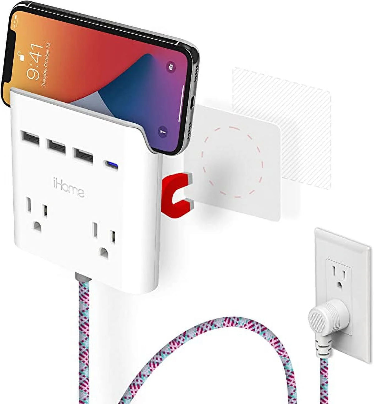 Green/Pink Multiple Plug Outlet Extender with 2 Outlets, 4-Port USB Wall Charger, 6 Ft Extension Cord G64610