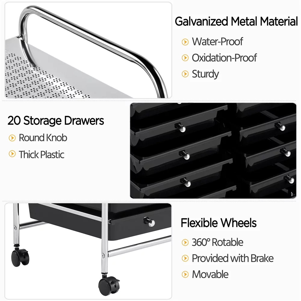 20 Drawers Metal Frame Storage Cart with Lockable Wheels, Black T72369