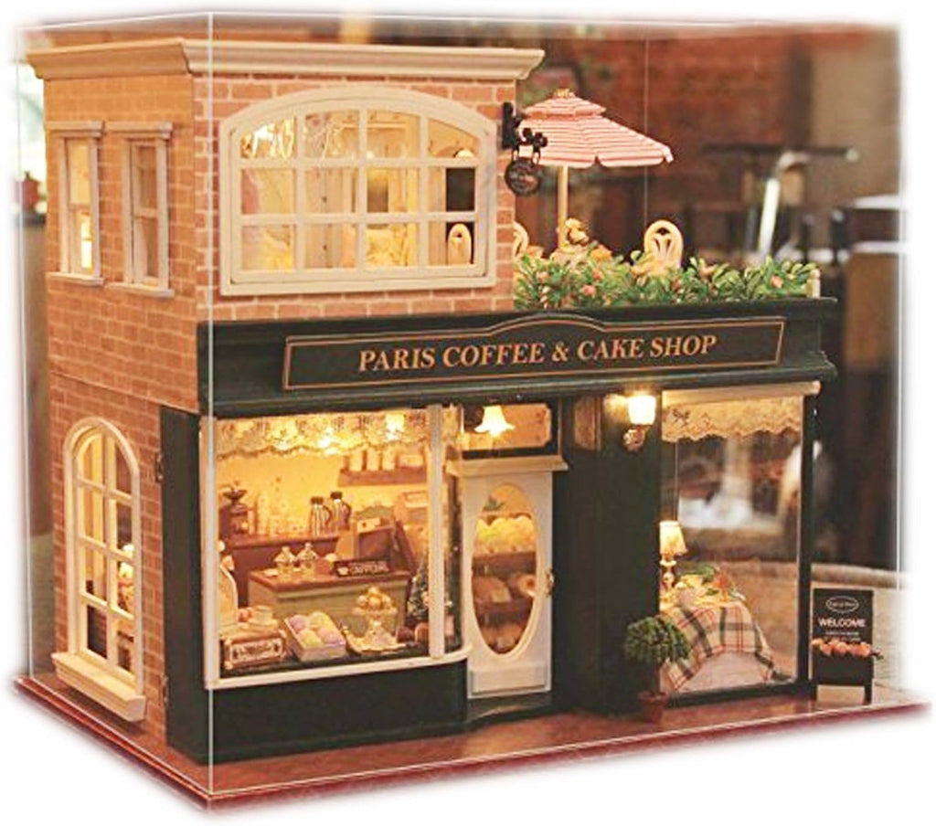 Paris Coffee & Cake Shop Wooden Dollhouse Miniatures DIY Kit with Led Light and Dust Cover G205207