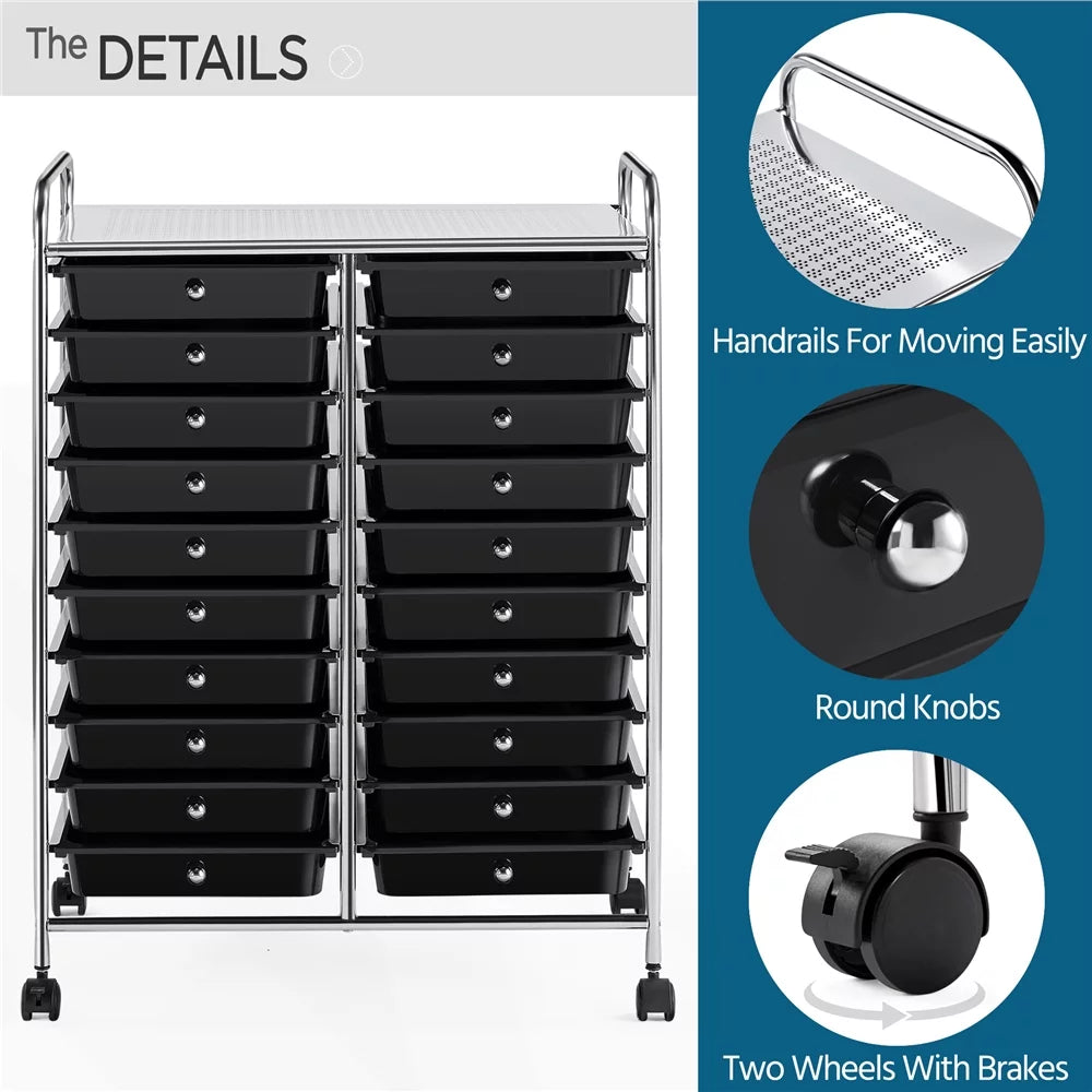 20 Drawers Metal Frame Storage Cart with Lockable Wheels, Black T72369