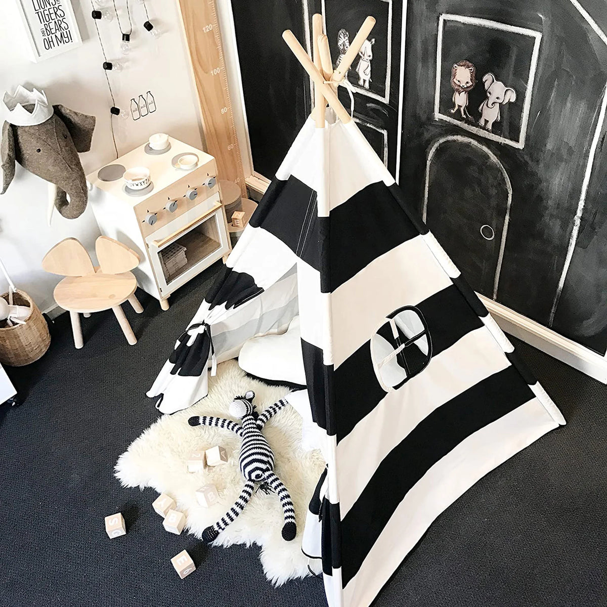 Black White Striped Kids Teepee Canvas Tent Playhouse C83086