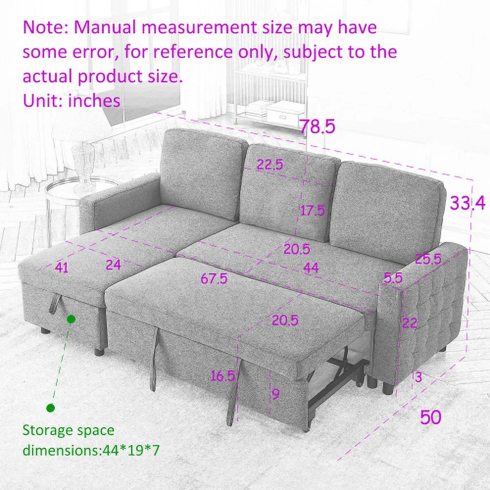 78.8" Reversible L-Shaped Linen Sleeper Sofa with Pullout Bed I901