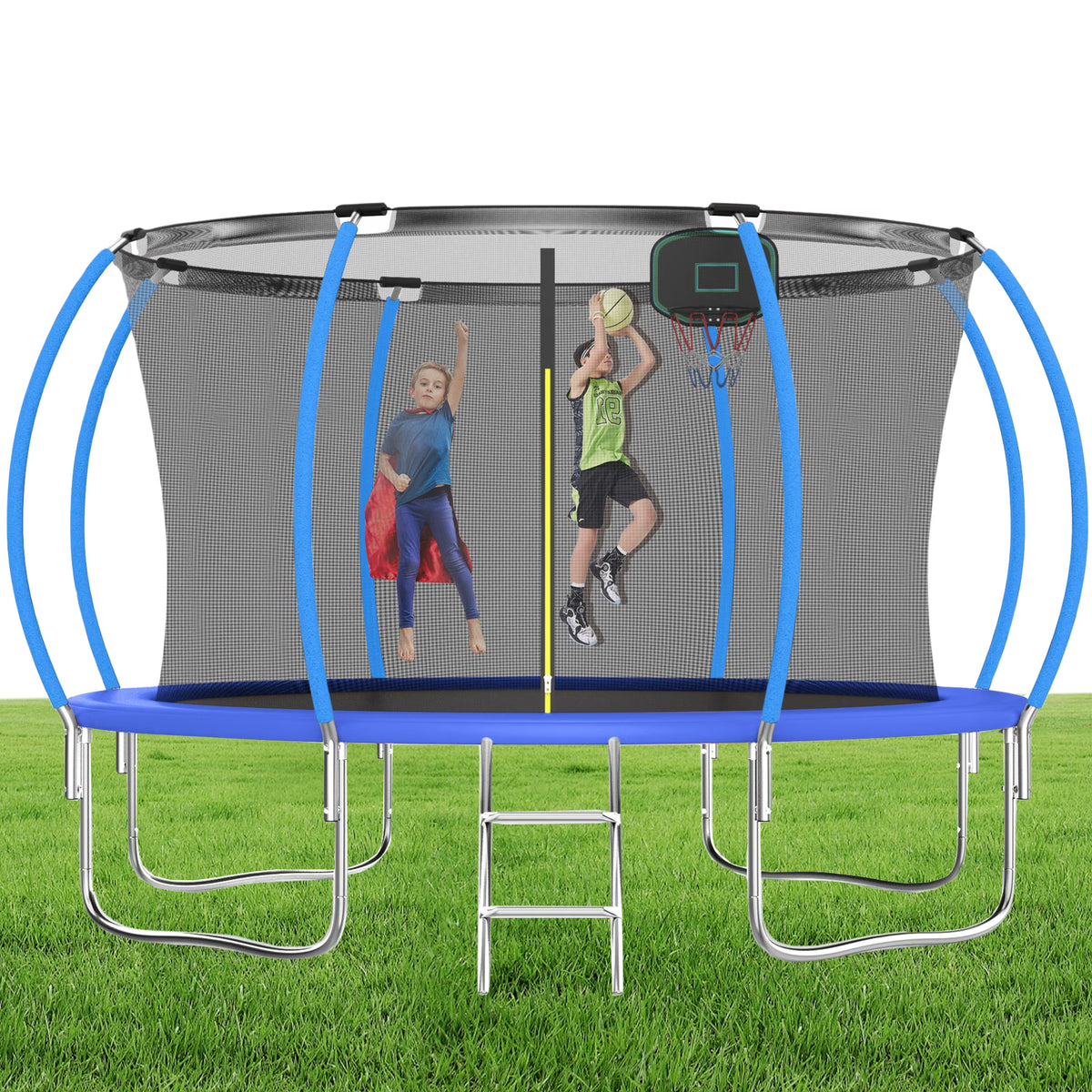 12FT Blue Outdoor Kids Trampoline with Basketball Hoop & Enclosure J1890
