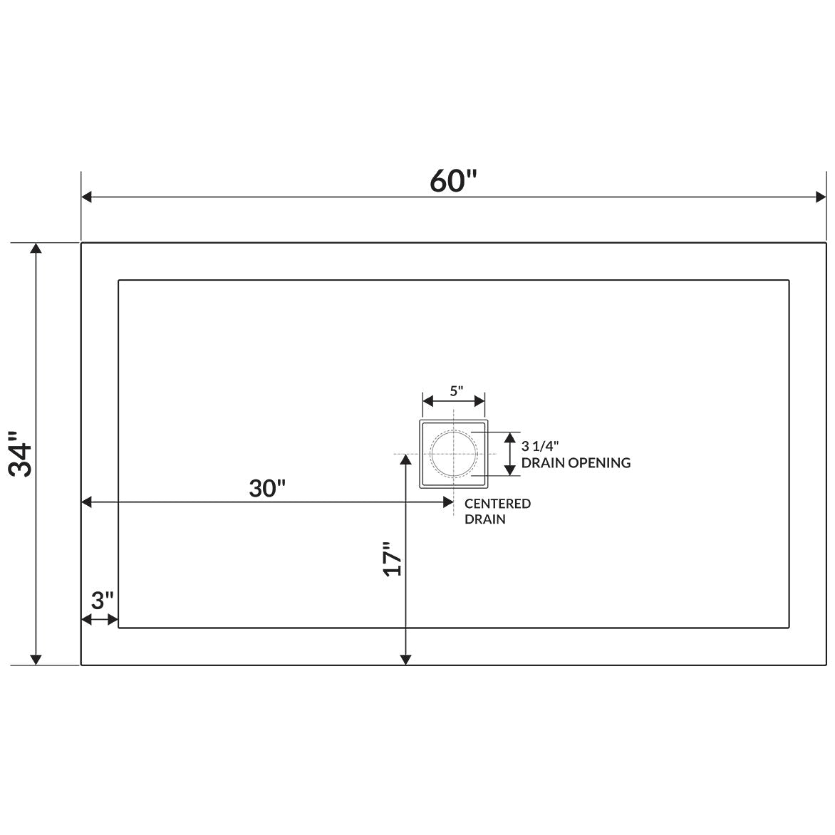 60 x 34 Single Double Threshold Shower Base Pan Center Drain White E907525