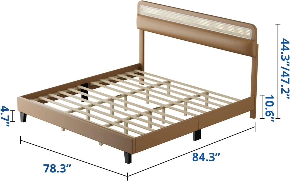 Full Size Upholstered Platform Bed Frame with Rattan Headboard O308