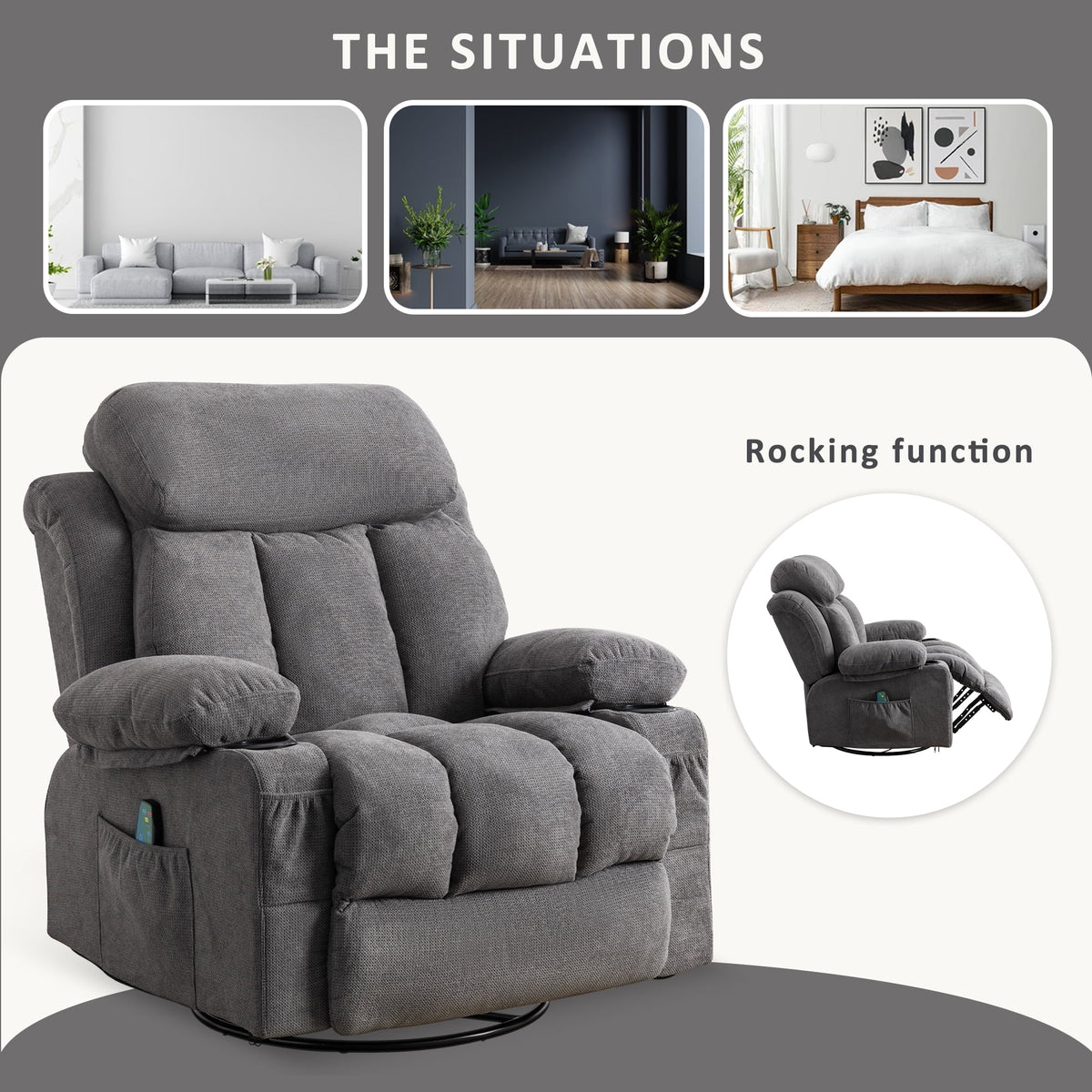 Swinging recliner massage heated sofa with USB and cup holders B2695